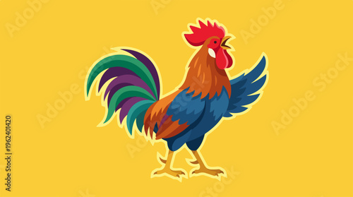 Colorful Rooster Illustration on Yellow Background - A Vibrant Depiction.