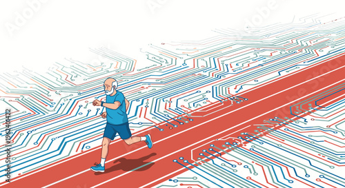 Elderly man running on a digital circuit track, symbolizing active aging, health monitoring, and the integration of technology in senior fitness and well-being.