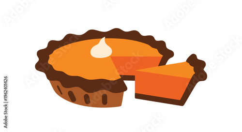 A cartoon-style illustration of a pie, with one slice removed. The pie is orange, with a brown crust and a dollop of white