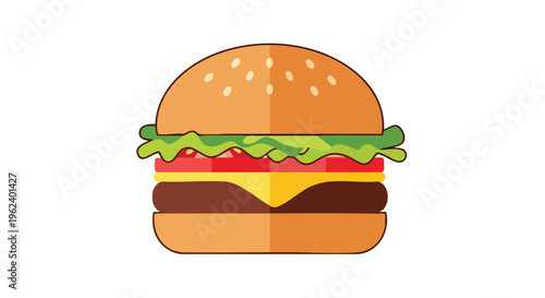 A simple, cartoon illustration of a classic burger. The image features a top bun with sesame seeds, and layers of fillings on a white background