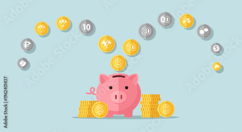 Coins falling into a pink piggy bank on a light blue background with stacks.