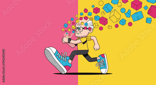 Energetic elderly man running with colorful abstract shapes bursting from his head, representing ideas or thoughts