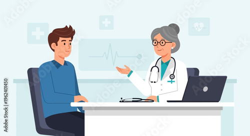 Doctor explaining to patient in clinic office with laptop and stethoscope
