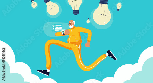 Elderly man in yellow tracksuit running with glowing lightbulbs and futuristic smartwatch, concept of active senior lifestyle and ideas