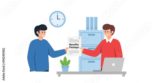 Two men exchange documents near office equipment and laptop indoors