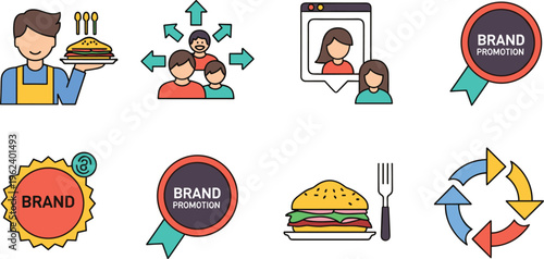 Food Branding and Promotion Icon Set with Brand Badge, Online Promotion, Social Audience, Food Service, Packaged Food, Hamburger, and Marketing Cycle Concepts