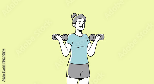 Woman exercising with dumbbells at home indoors lifting weights