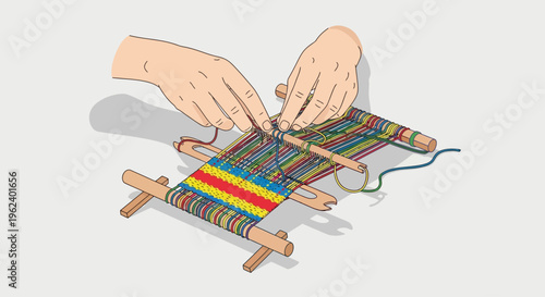 Hands weaving colorful fabric on a small loom with yarn and threads