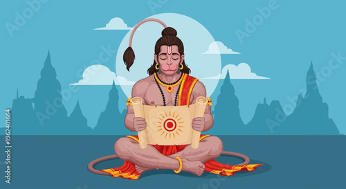 Hindu god sitting cross-legged outdoors holding ancient scroll document peacefully
