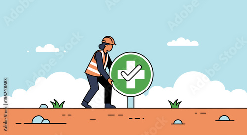 Man in safety gear installing a green directional sign on a dirt road