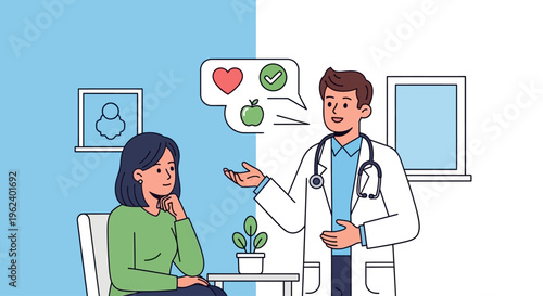 Doctor explains healthy food options to a concerned woman patient in clinic