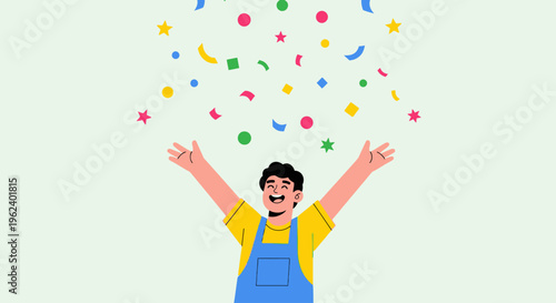 A joyful man celebrates with colorful confetti in the air happily outdoors