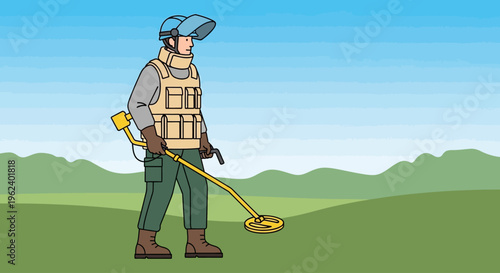 Man uses metal detector in green field on sunny day outdoors