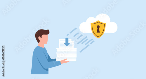 Man uploading secure data to cloud storage with shield protection