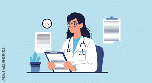 Female doctor sitting at desk reviewing clipboard in office