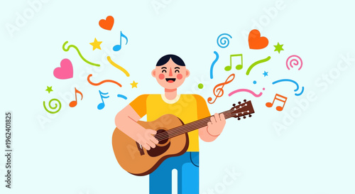 A man playing guitar surrounded by colorful music symbols and notes indoors.