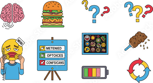 Food Decision Making and Mental Craving Icon Set with Hunger, Brain Food, Menu Choices, Energy Levels, Questioning, and Food Behavior Tracking Concepts