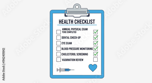 A clipboard displays a health checklist form with a blue heart.