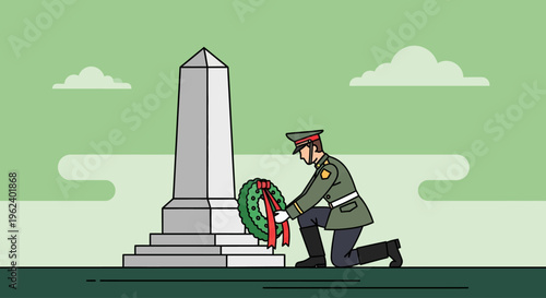 Soldier lays wreath on war memorial monument outdoors