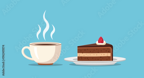 A steaming cup of coffee and a slice of chocolate cake on a plate