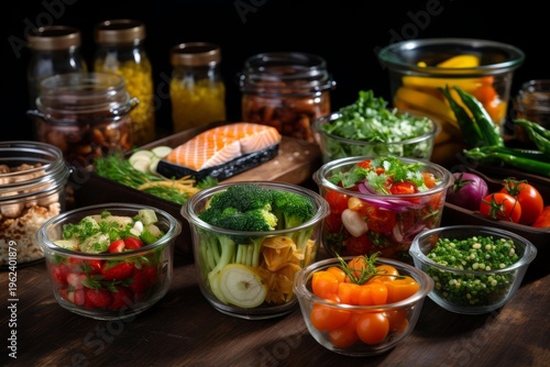 Fresh vegetables, salmon, and other nutritious food items organized in clear glass containers