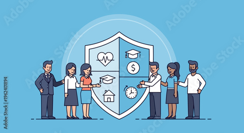 People standing around a large shield with icons, discussing protection and finance.