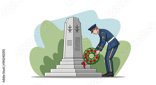 Soldier lays wreath on war memorial monument in a park during ceremony