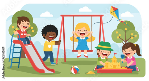 Children play on swings and slide in a sunny park with friends