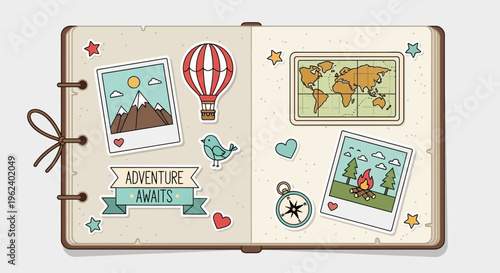 An open journal with travel themed stickers and polaroids on a table indoors