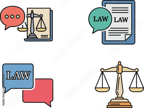 Law icons depict legal concepts such as consultation, justice, and legal documents through scales of justice and speech bubbles.