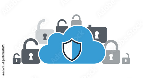 Cloud storage security concept with shield and multiple locks