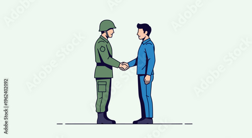 A soldier in green uniform shakes hands with a businessman in blue suit.