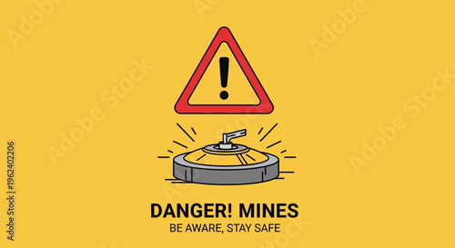 A warning sign displays a mine on a yellow background with text.