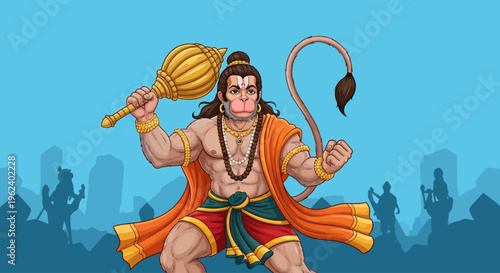 Illustration of a powerful muscular man with a mace and tail standing heroically in a cityscape