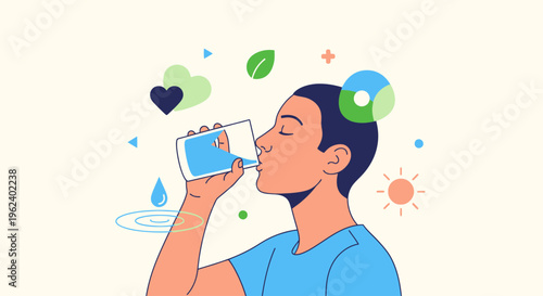Person drinking water from a bottle with eco friendly symbols around them outdoors
