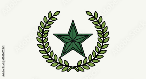 Green star surrounded by laurel wreath on white