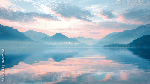 Serene lake landscape with mountains and a pastel colored sky