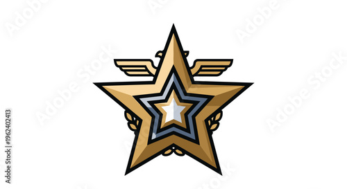 A gold star emblem with wings and hands is prominently displayed.
