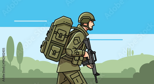 A soldier walks through a green landscape with a backpack and rifle.