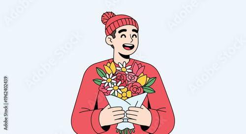 A smiling man in a red sweater holds a bouquet of flowers.