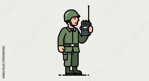 Soldier holds radio device in green uniform and helmet standing outdoors