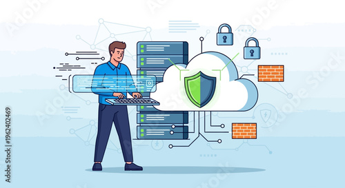 Man standing next to server with cloud shield and locks floating nearby