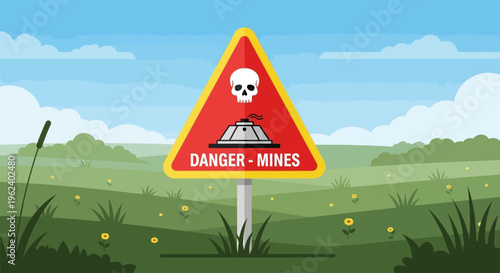 A warning sign stands in a green field indicating danger of mines nearby outdoors