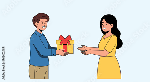 Man giving a gift box to a woman with a smile indoors