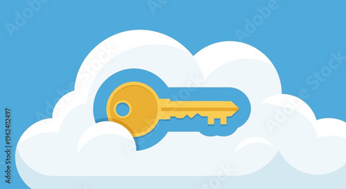A golden key lies on white clouds in a clear blue sky environment.