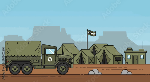 Military truck transports soldiers to a desert base camp with tents