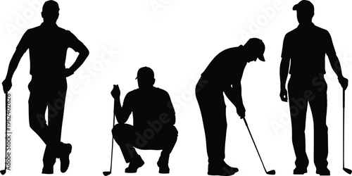 Golf player silhouettes set, male golfer with club in different poses, sports activity figures isolated black vector on white background