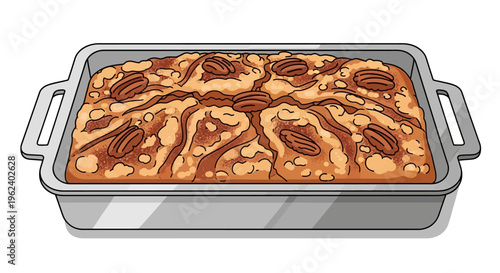 A delicious pecan dessert in a baking dish on a table indoors