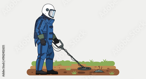 Soldier uses metal detector on ground in field with grass and dirt
