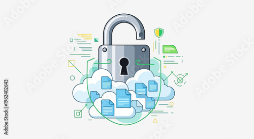 A secured padlock protects data stored on clouds with floating documents.